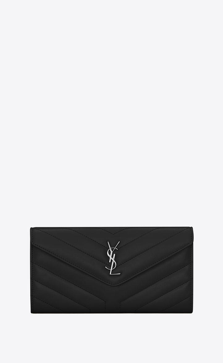 【Yves Saint Laurent】LARGE LOULOU WALLET WITH A FLAP IN SHINY BLACK LEATHER WITH "Y" QUILTING